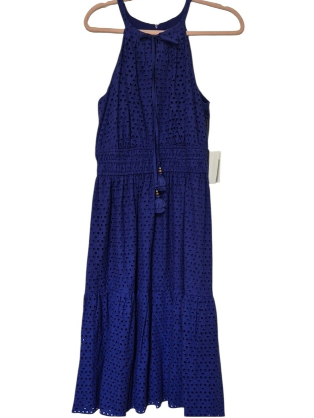 Vince Camuto Blue Eyelet Halter Midi Dress Tassel Tie Size 12 NWT
